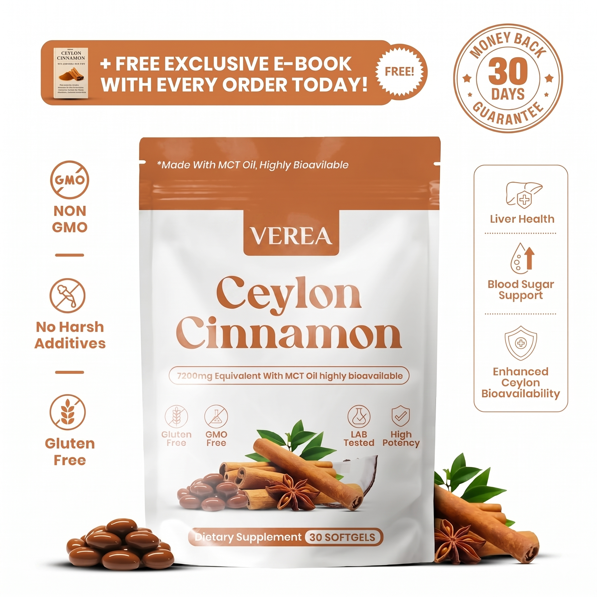 VEREA PREMIUM CEYLON CINNAMON 7200mg (with MCT Oil)