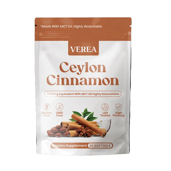 VEREA Ceylon Cinnamon dietary supplement package on a black background