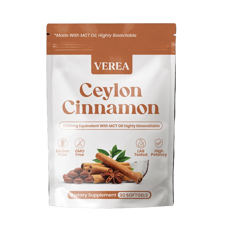 VEREA Ceylon Cinnamon dietary supplement package on a black background
